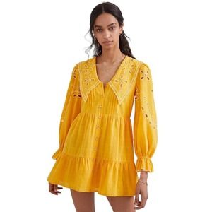RAHI Anthropologie Dress Women Small Yellow Marigold Eyelet Collar Mini Boho NWT
